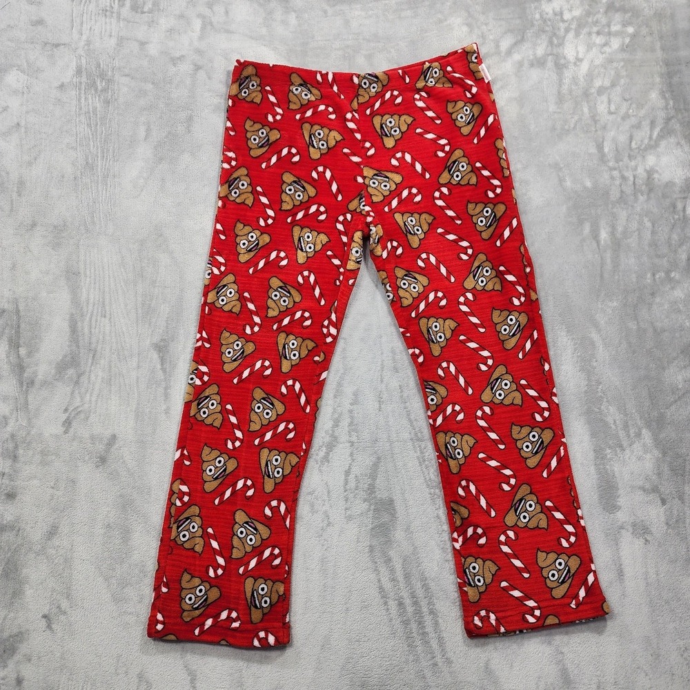 Emoji Pants Womens XL Red Poo Emoji Candy Cane Fleece Christmas Pajama Sleep
